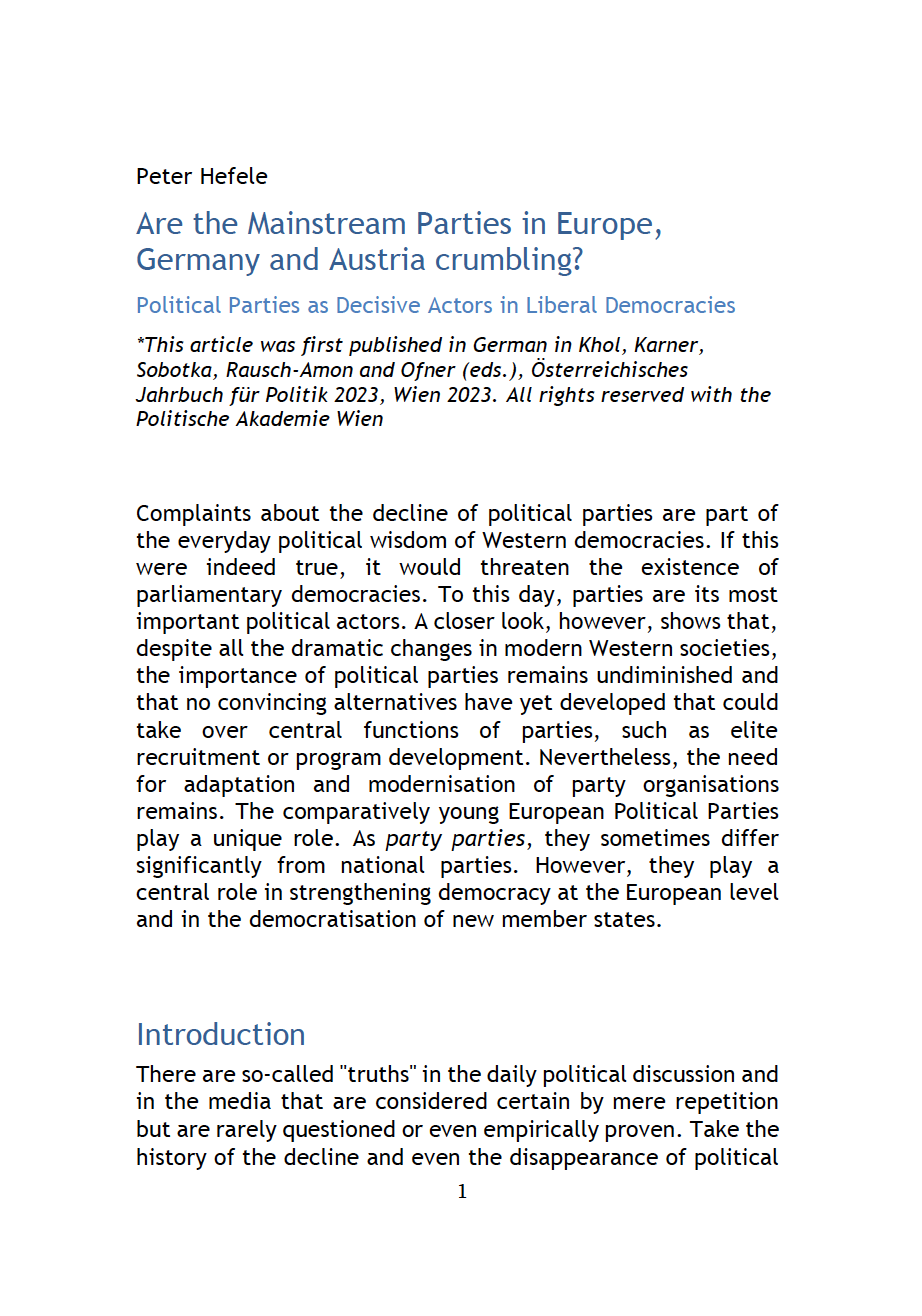 Are the Mainstream Parties in Europe, Germany and Austria crumbling? Political Parties as Decisive Actors in Liberal Democracies