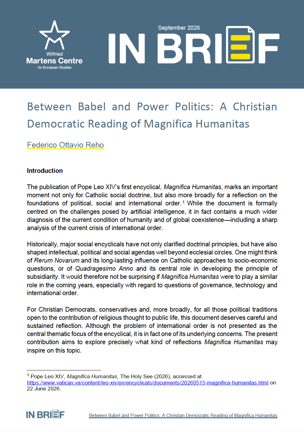 Between Babel and Power Politics: A Christian Democratic Reading of Magnifica Humanitas